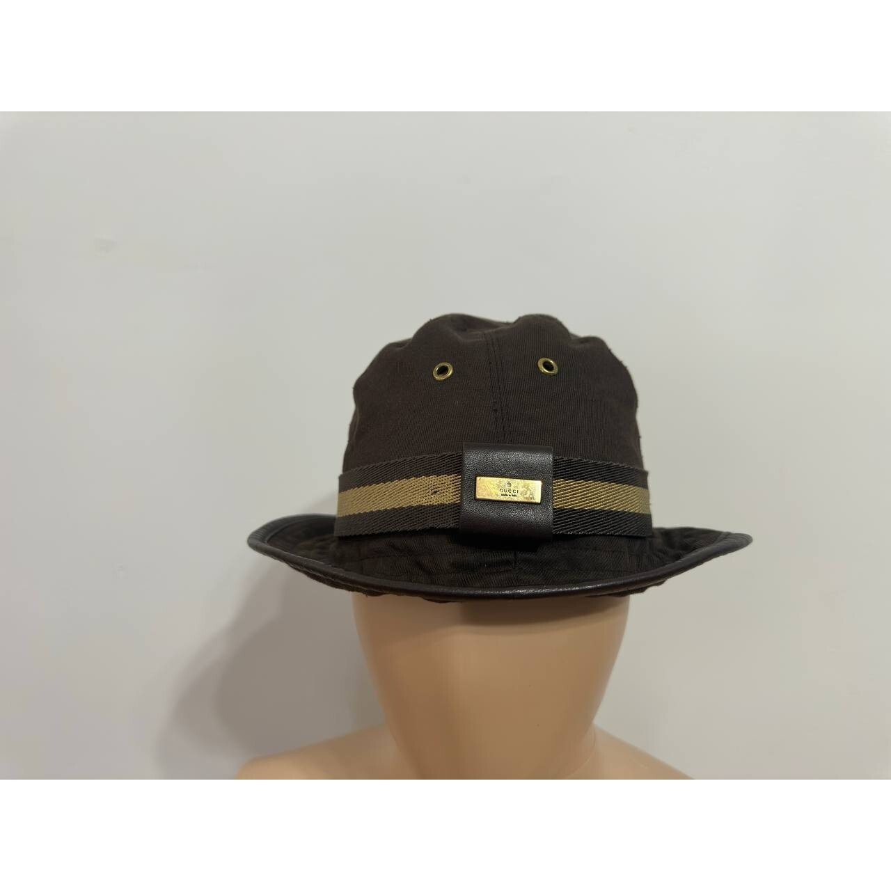 Vintage Gucci Stripe Bucket Hat With Leather Trim Brown